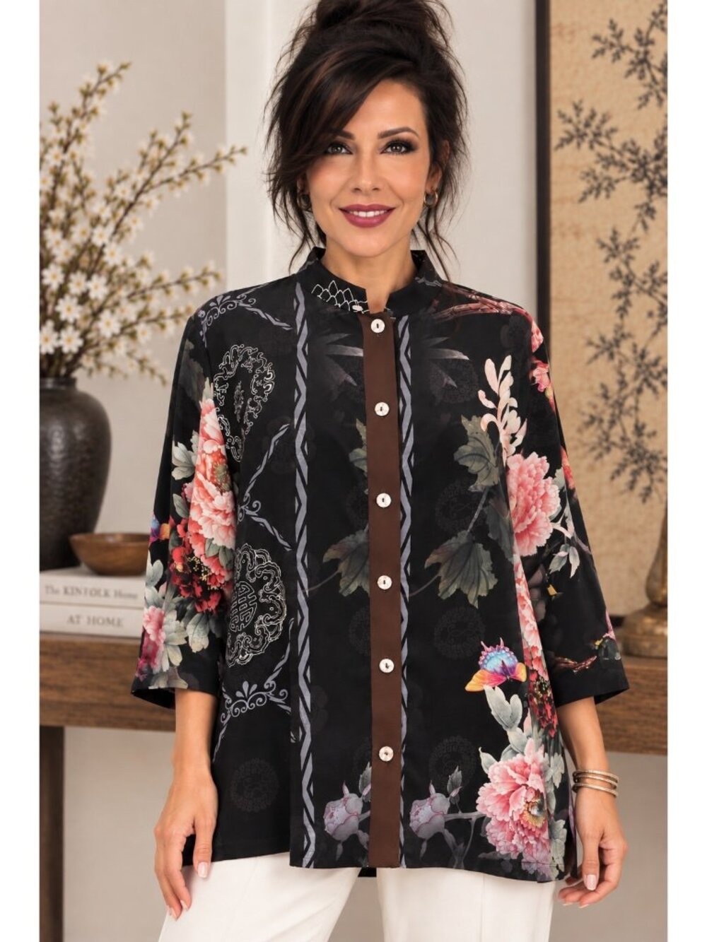 Citron Santa Monica 0X Silk Blend Floral Mandarin Asian Art Tunic Blouse